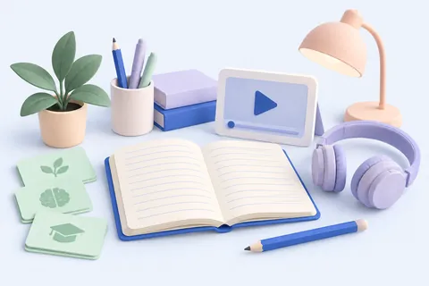 Çalışma masası: açık defter, ders videosu oynatan tablet, kulaklık ve bilgi kartları